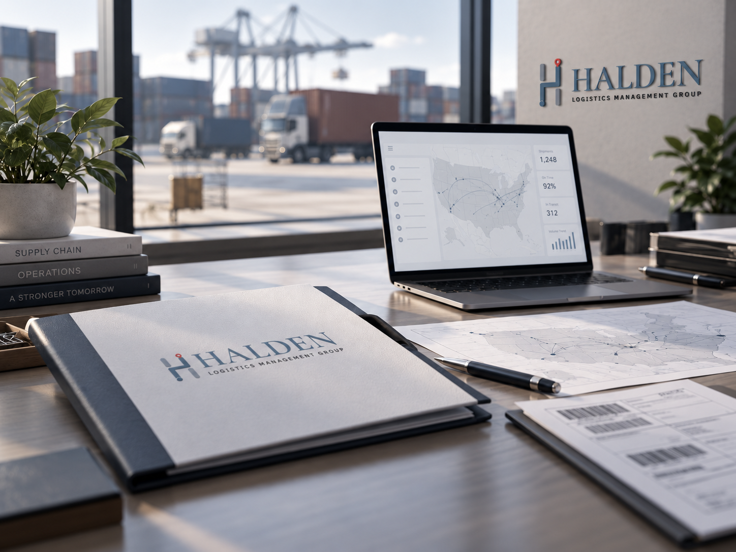 Halden Logistics identity on a presentation folder and office wall beside a logistics website on a laptop