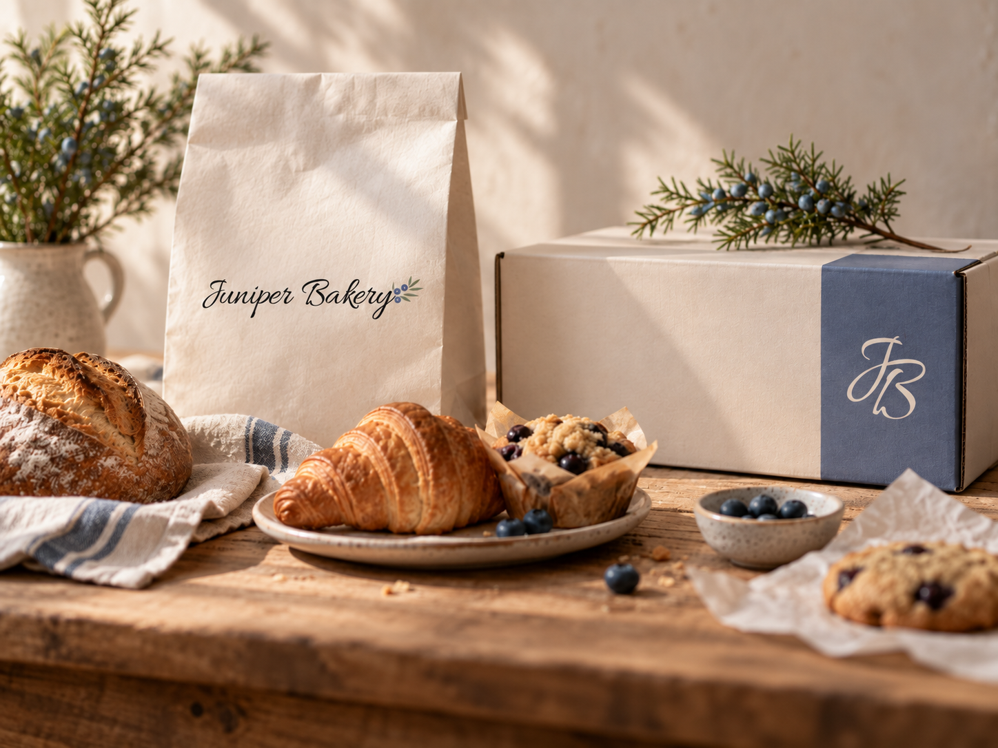 Juniper Bakery branding on paper bags and pastry packaging, surrounded by freshly baked bread and pastries