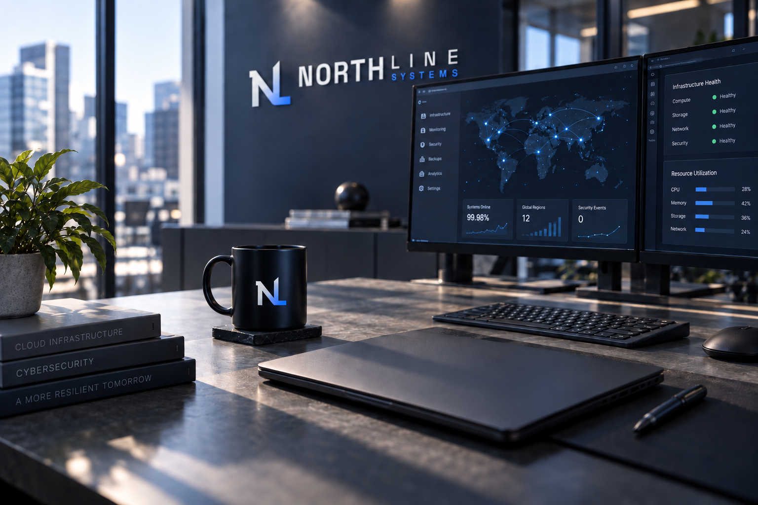 Northline Systems identity on an office wall and mug, with its infrastructure dashboard on desktop monitors