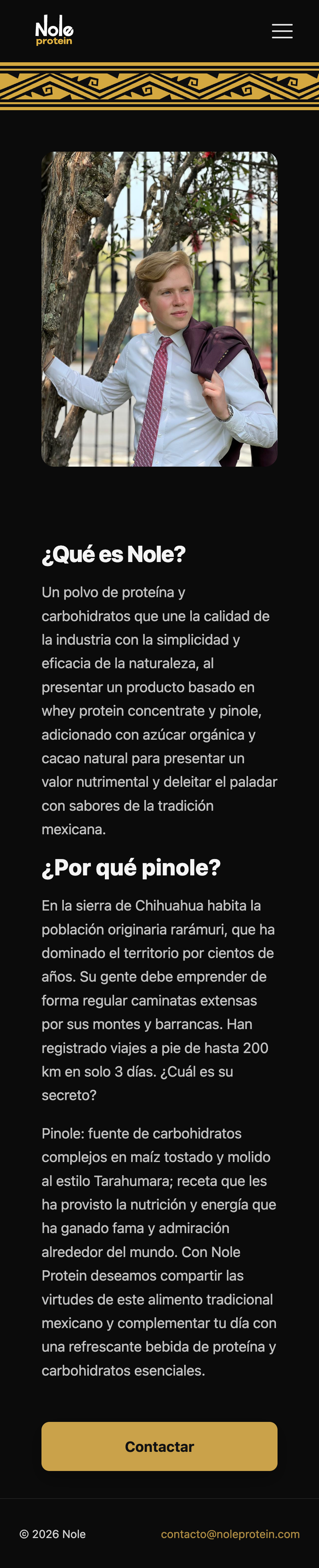 Nole Protein — about page on mobile