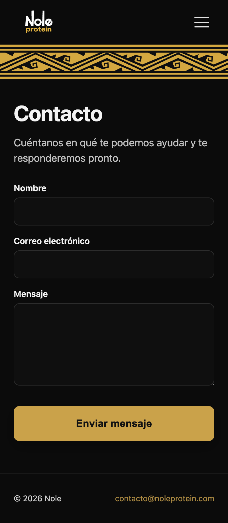 Nole Protein — contact page on mobile